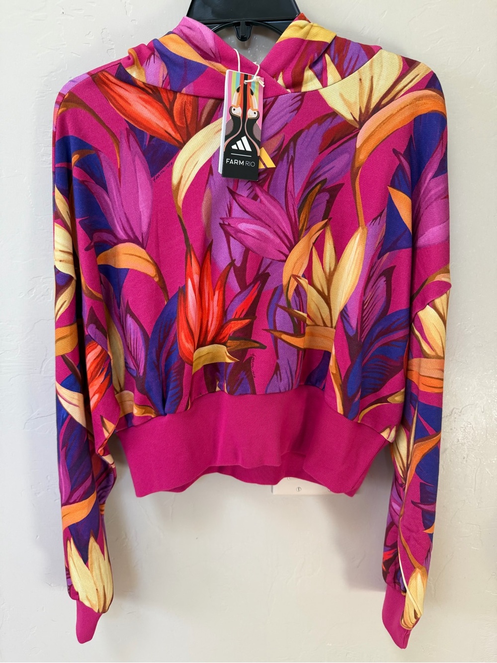Adidas x Farm Rio Women’s XL Cropped Hoodie Pink Birds of Paradise Sweatshirt